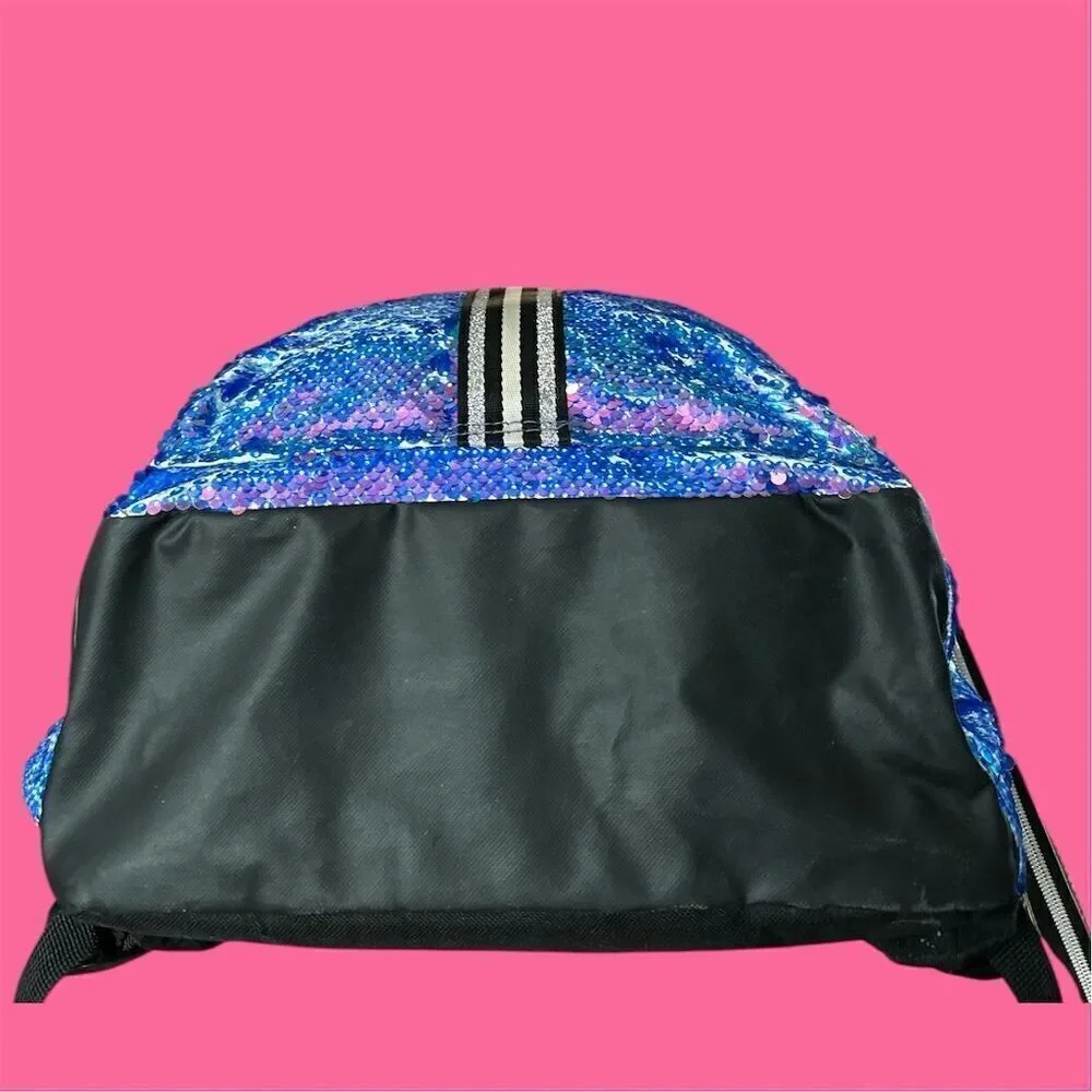 Justice Girls Large Pink Blue Sequin Backpack Multicolor Front Zipper Pocket